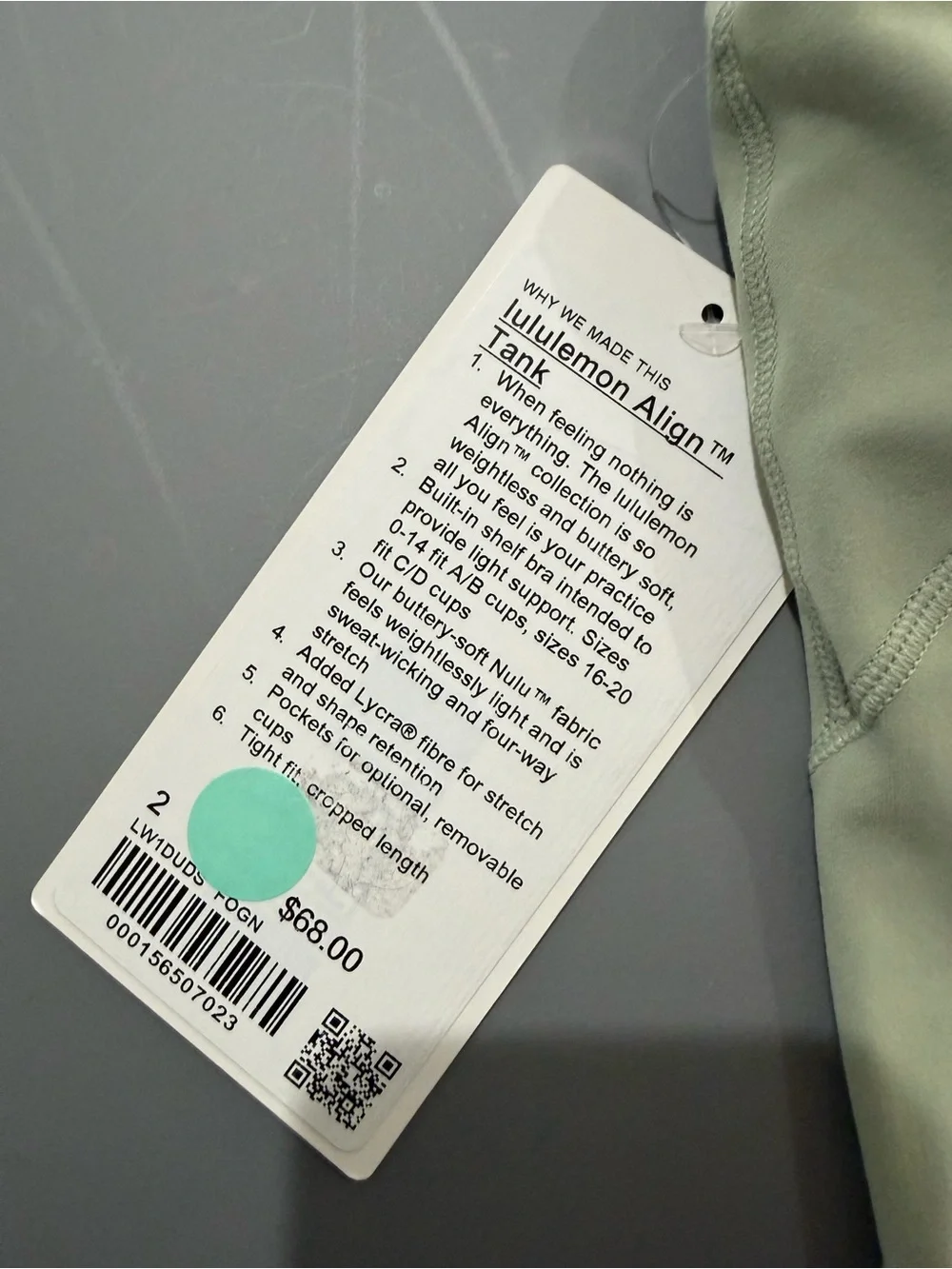 lululemon athletica align tank fog green nwt size 2 - Picture 3 of 3